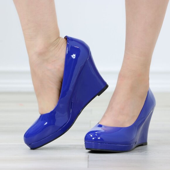 Blue Patent Close Rounded Toe Wedge Heel Rockabilly Style Shoe - Picture 12 of 14